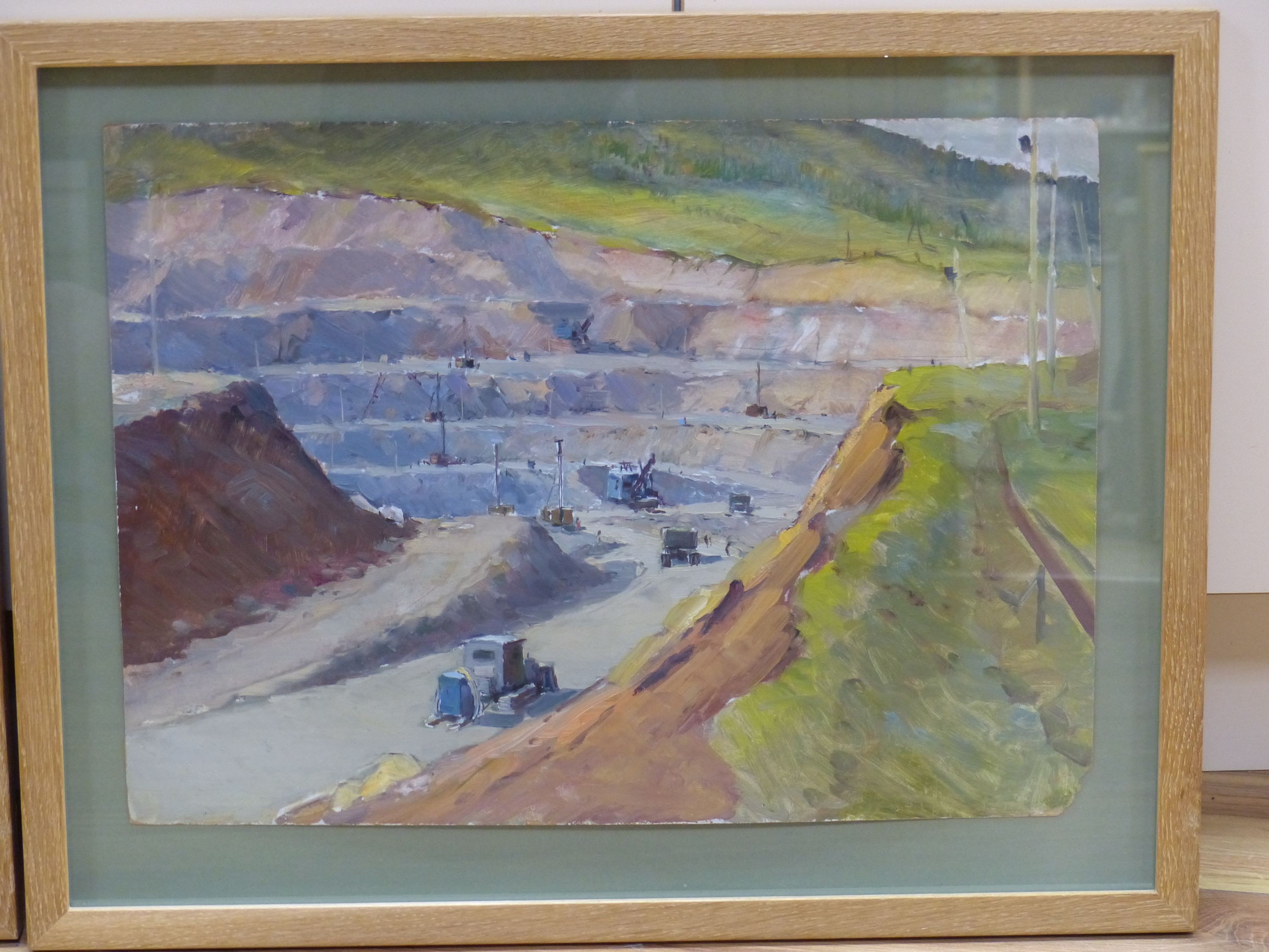 Russian School, two oils on board, View of a quarry and a similar construction scene, one monogrammed, 35 x 48cm and 30 x 52cm